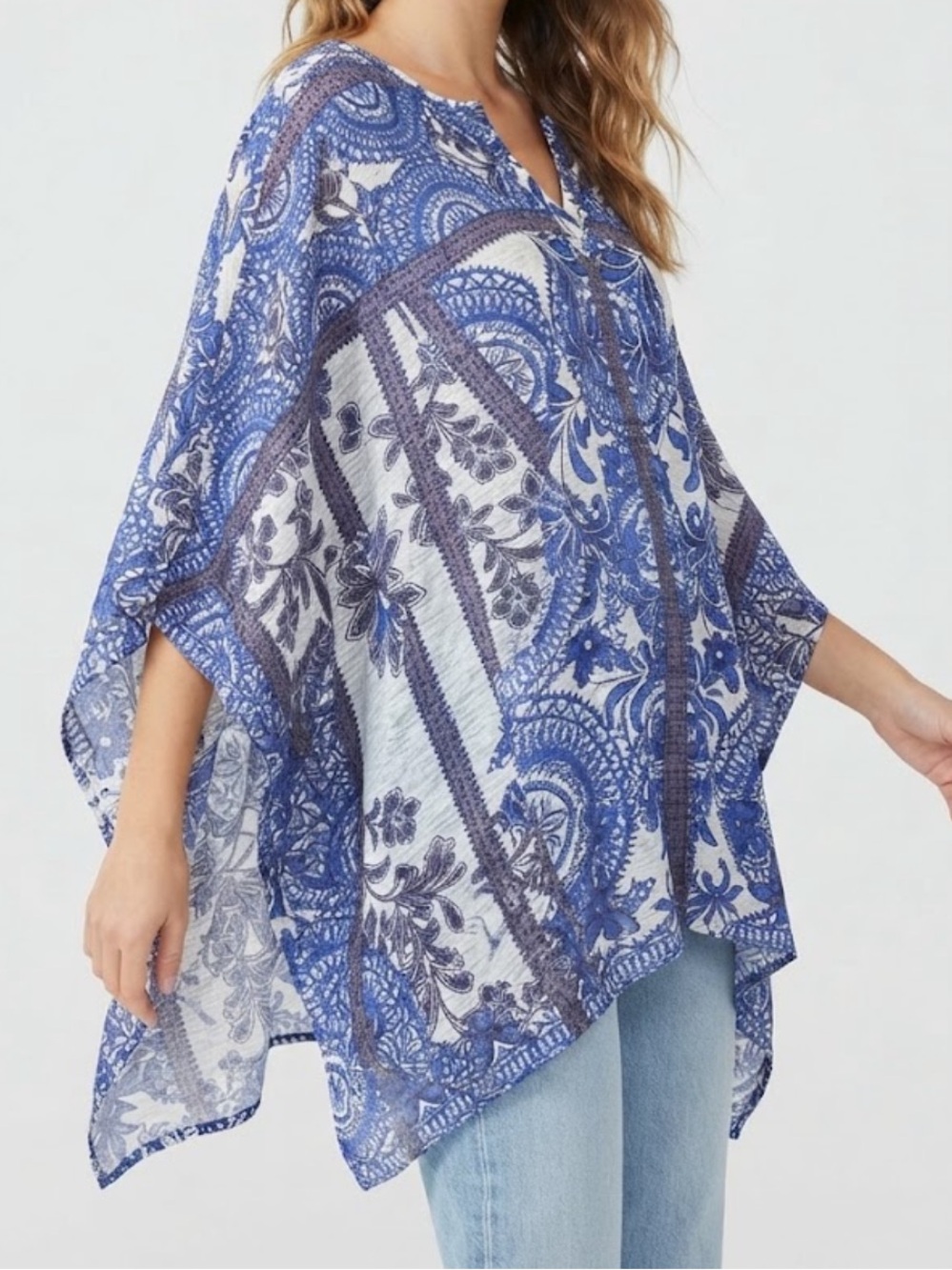 Avenue Women’s Blue and White Floral Sheer Poncho Tunic Size 18/20